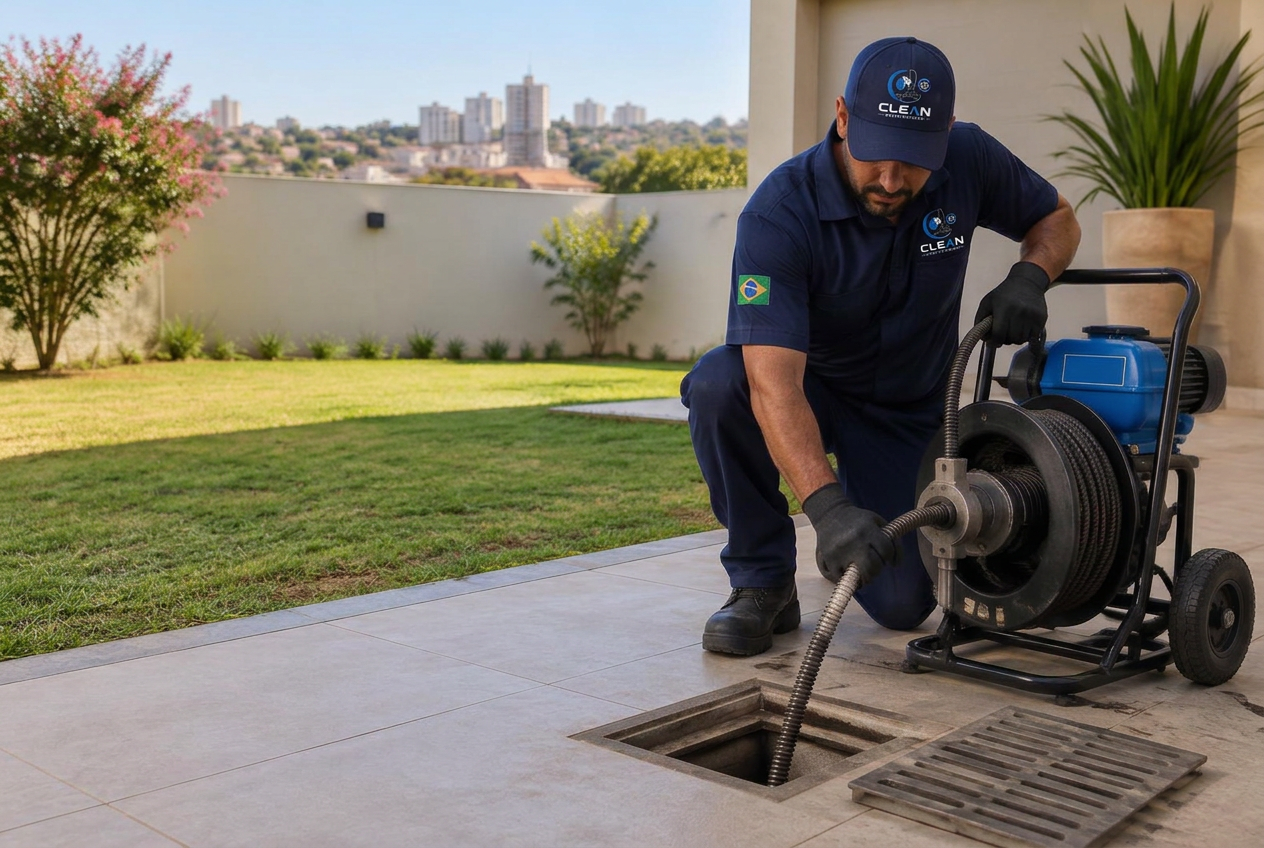 Técnico realizando desentupimento com máquina profissional em Marília